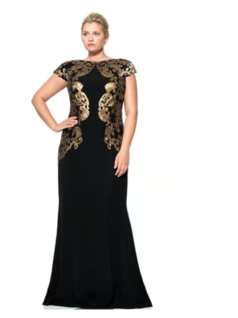 Tadashi Shoji Crepe Draped Open Back Gown with Metallic Paillette, Plus, Sz 20Q